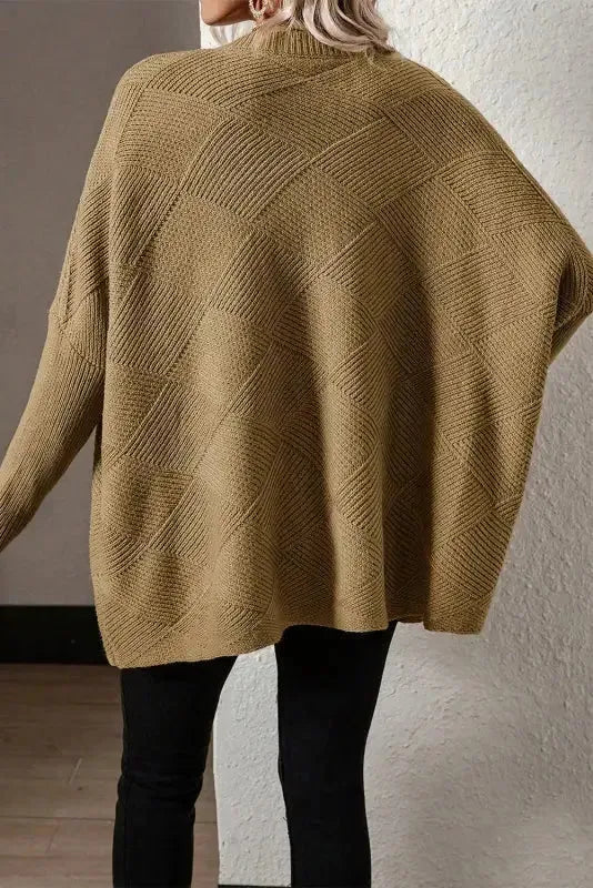 Camel Checkered Textured Batwing Sleeve Sweater - Fashionfitz