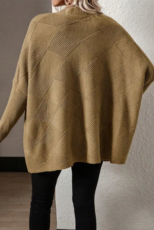 Camel checkered textured batwing sleeve sweater - sweaters & cardigans