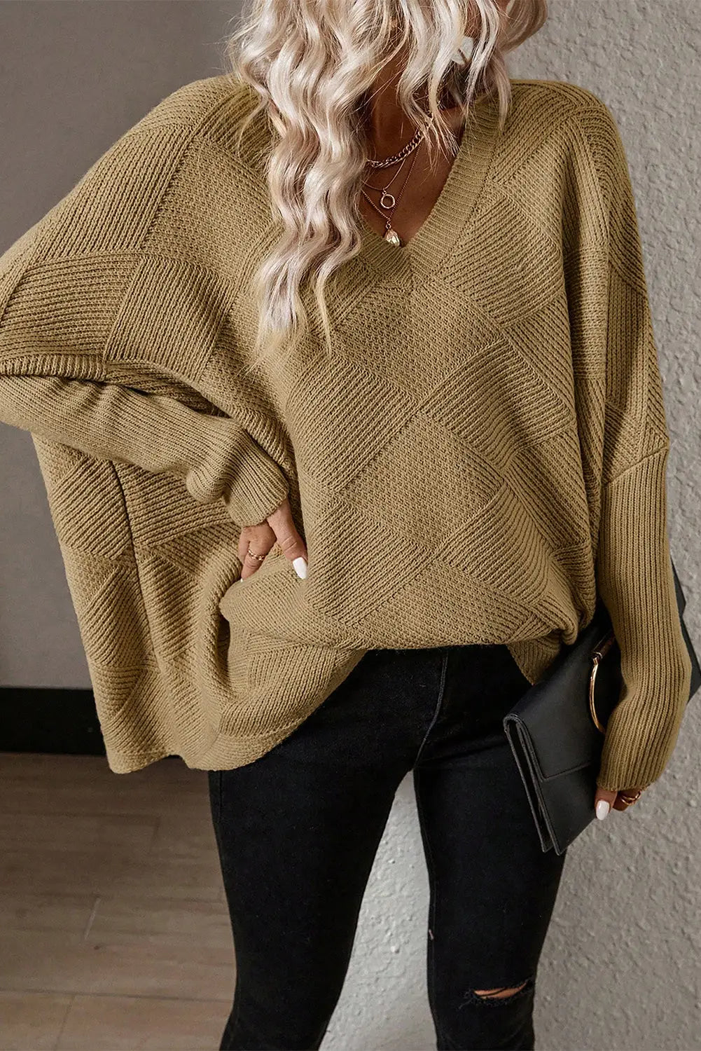 Camel checkered textured batwing sleeve sweater - sweaters & cardigans