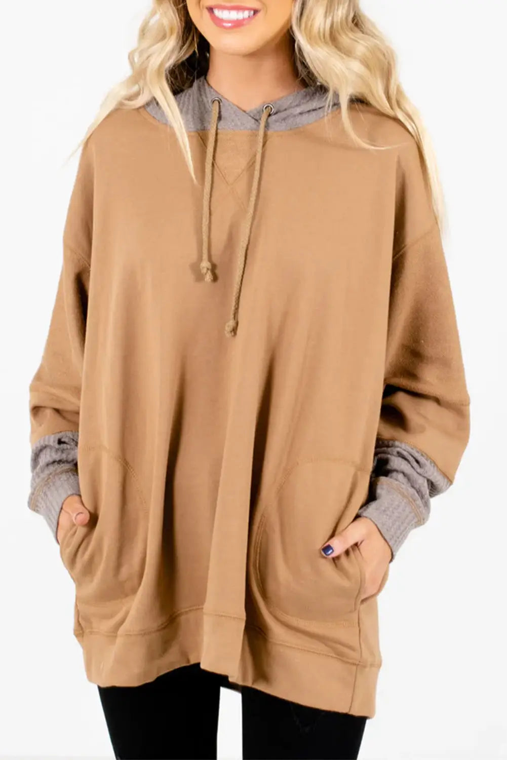Camel contrast hood patchwork pocketed baggy sweatshirt - l
