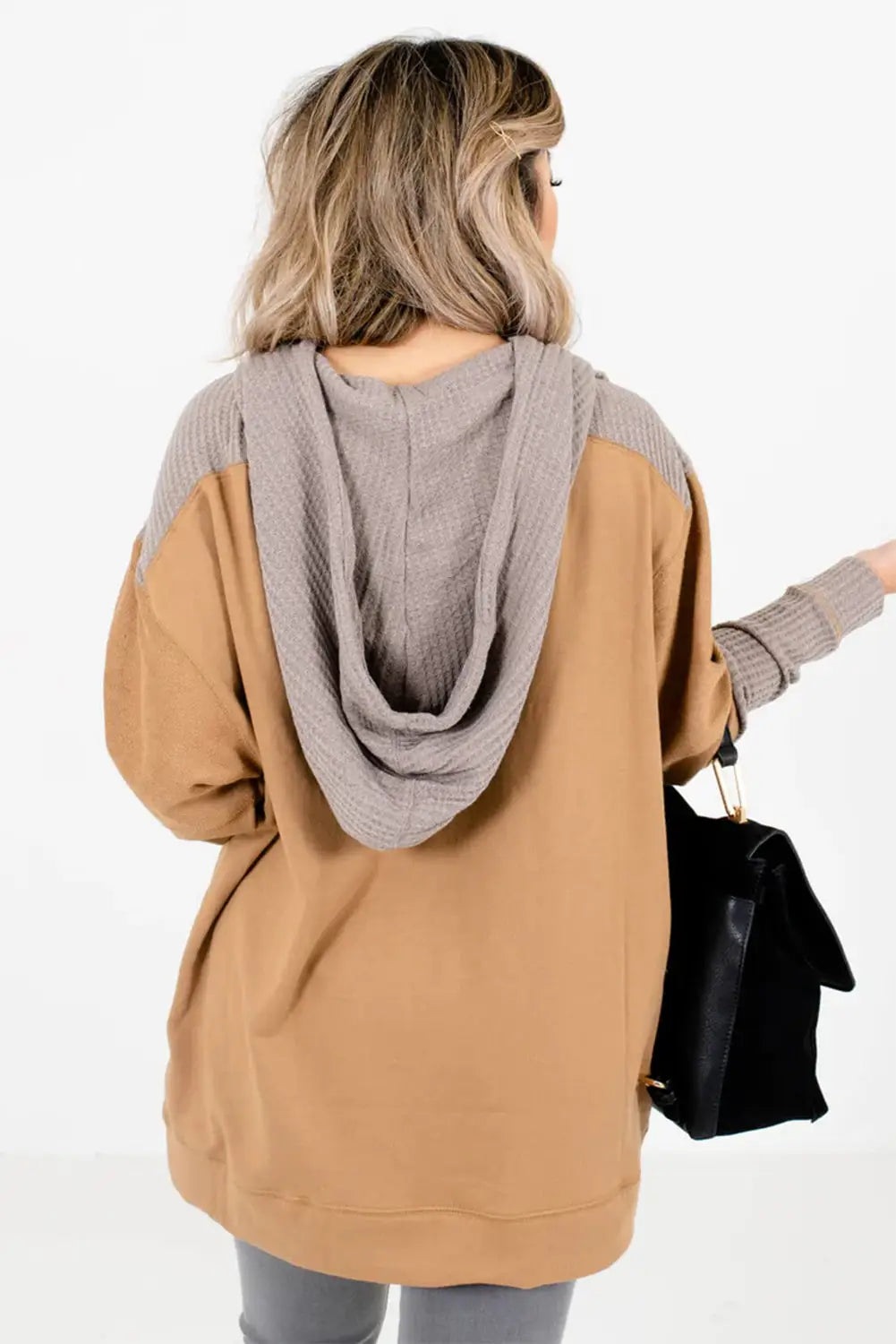 Camel contrast hood patchwork pocketed baggy sweatshirt -