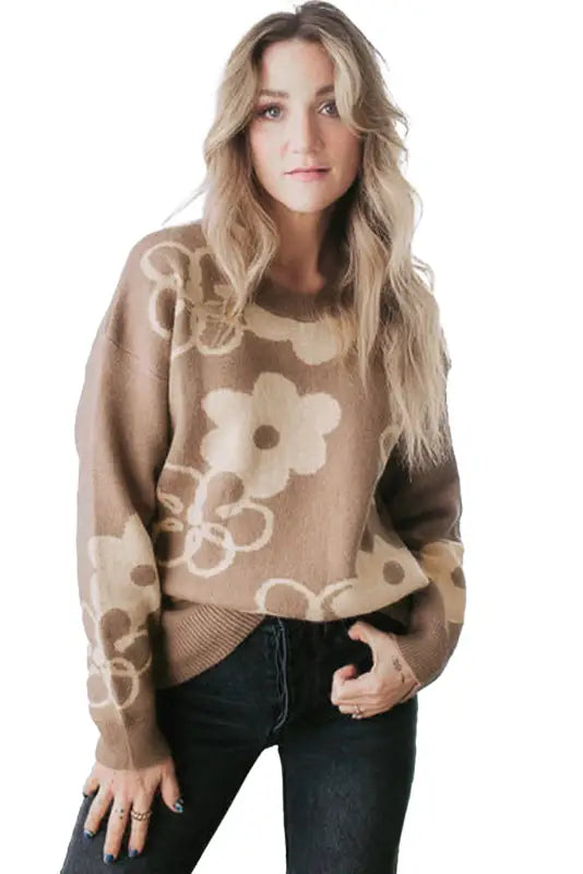 Camel floral drop shoulder ribbed trim sweater - sweaters & cardigans