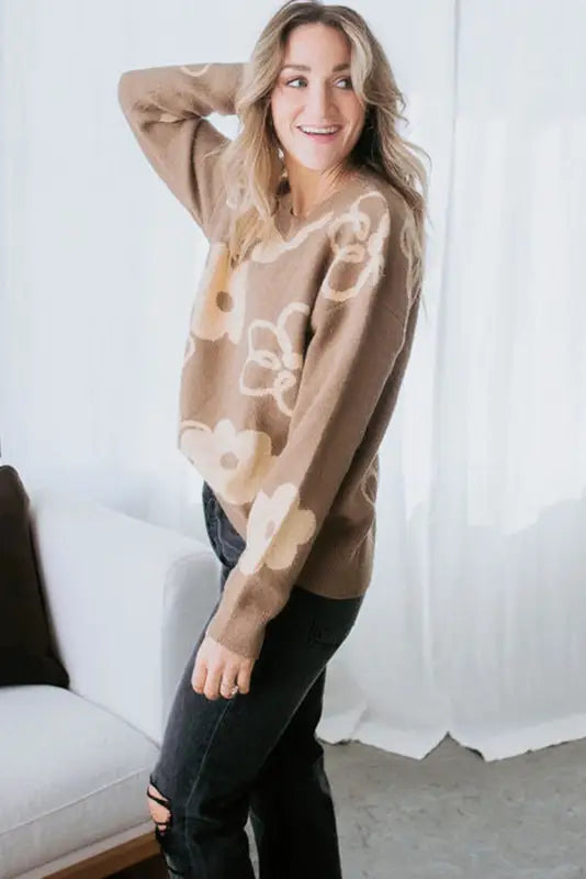 Camel floral drop shoulder ribbed trim sweater - sweaters & cardigans