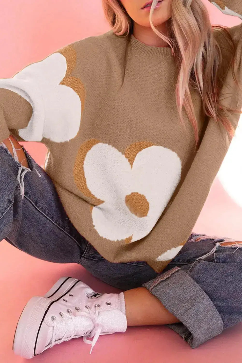 Camel flower pattern slouchy sweater - 2xl / 100% acrylic - sweaters & cardigans