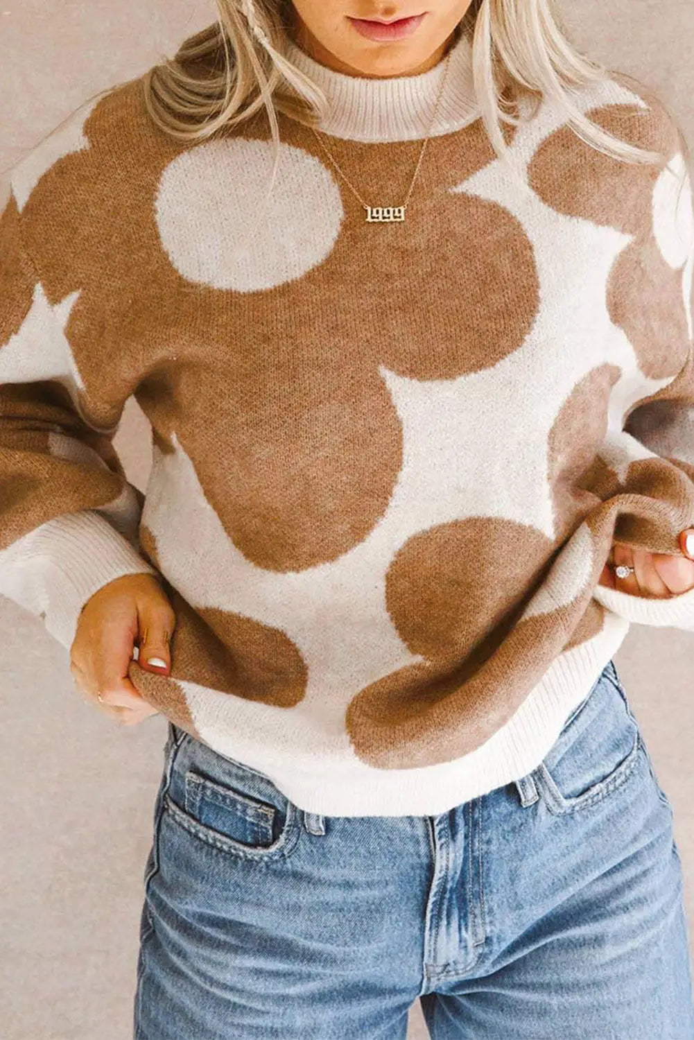 Camel flower pattern slouchy sweater - khaki / 2xl / 100% acrylic - sweaters & cardigans