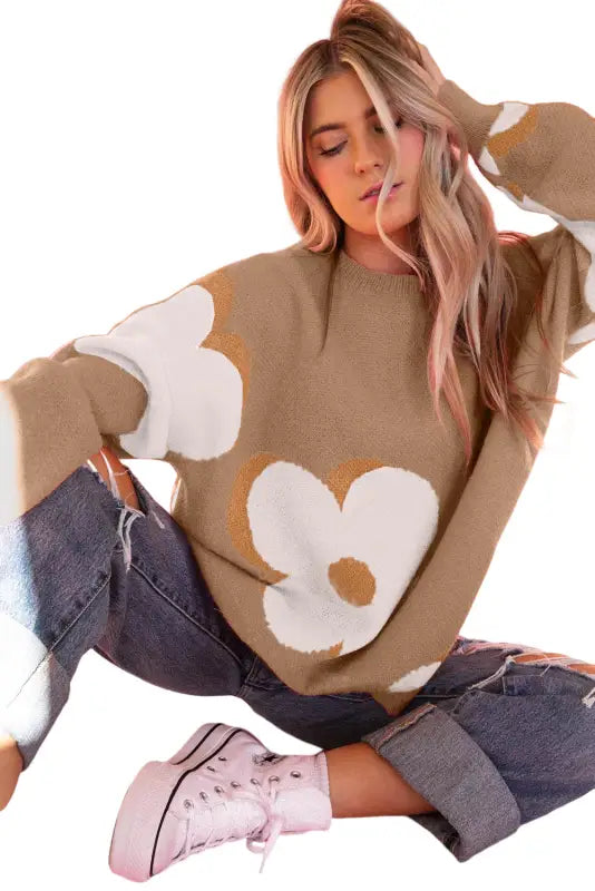 Camel flower slouchy sweater by fashionfitz