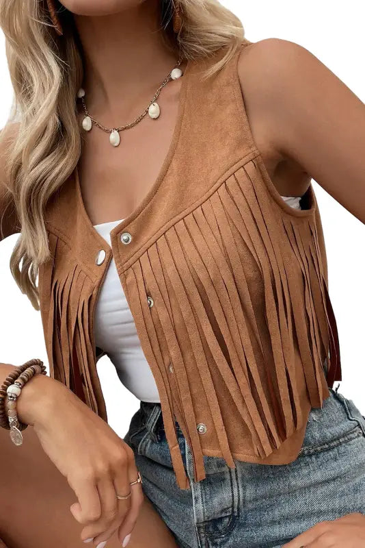 Camel fringed snap button front suedette vest - outerwear