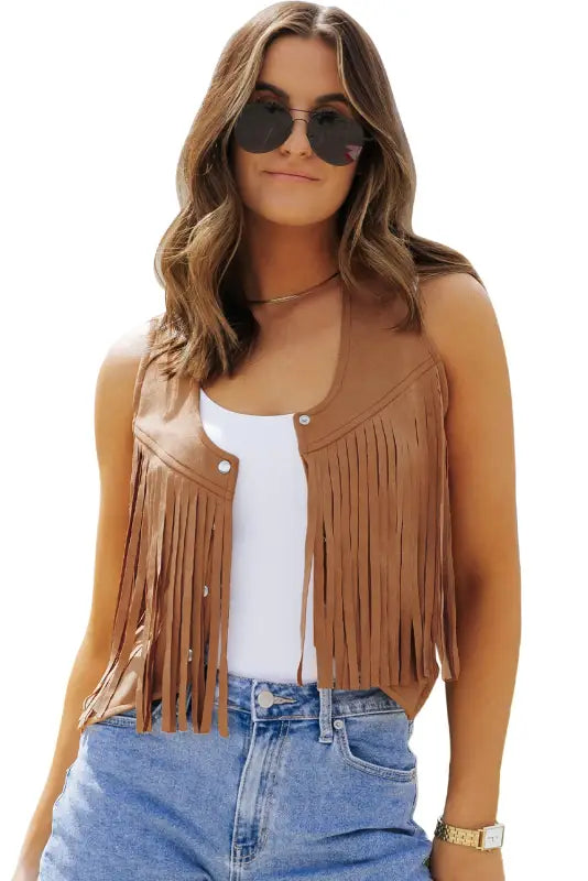 Camel fringed snap button front suedette vest - outerwear