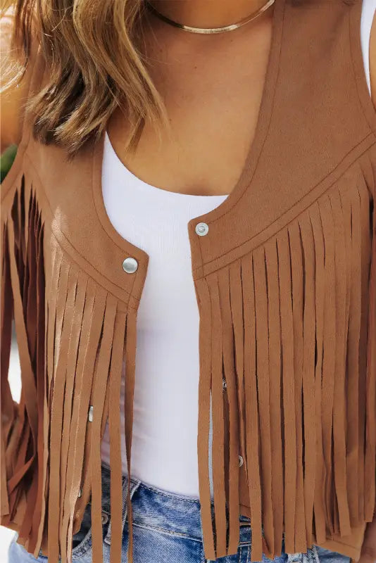 Camel fringed snap button front suedette vest - outerwear