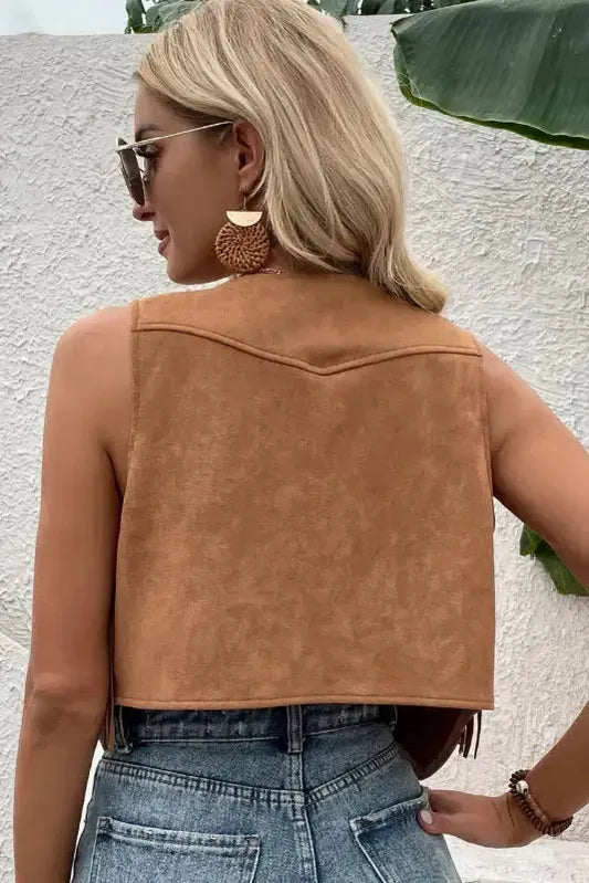 Camel Fringed Snap Button Front Suedette Vest - Fashionfitz