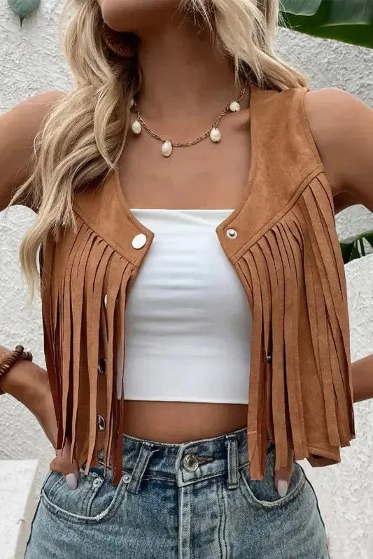 Camel Fringed Snap Button Front Suedette Vest - Fashionfitz