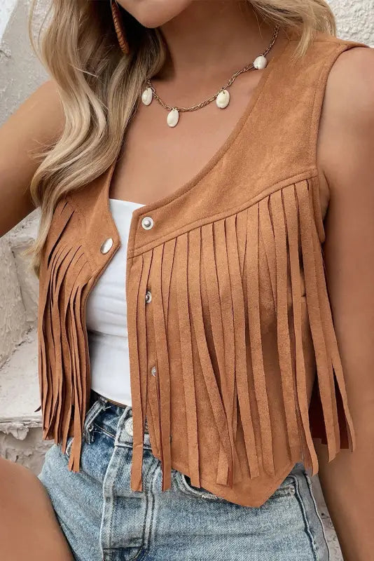 Camel fringed snap button front suedette vest - outerwear