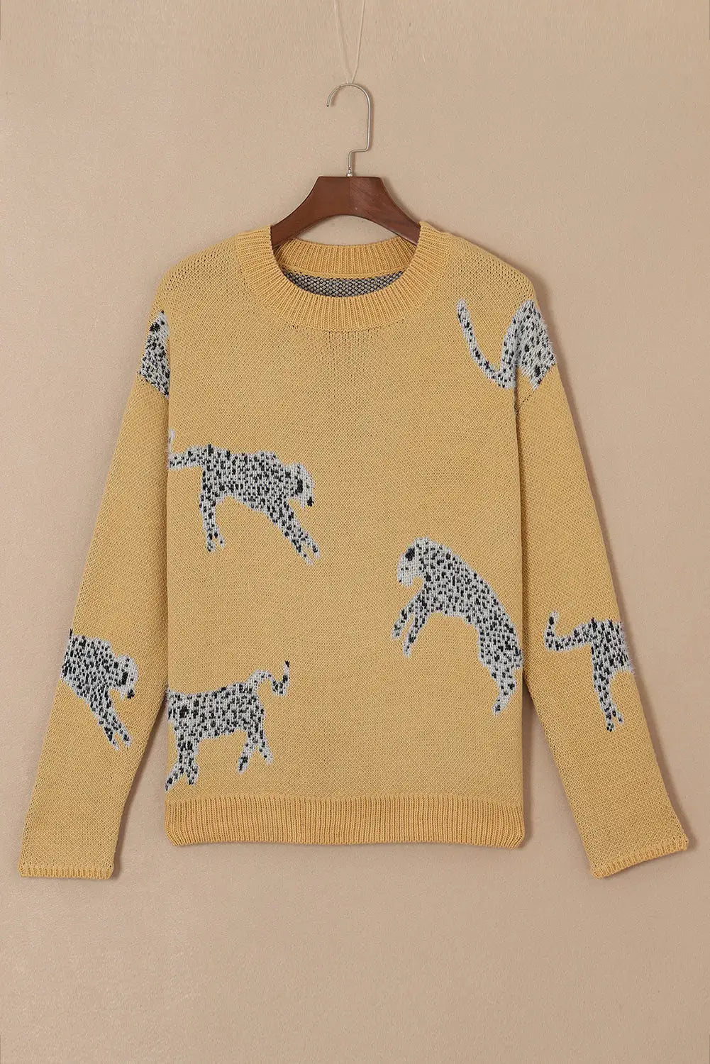 Camel fuzzy cheetah accent round neck sweater - sweaters & cardigans
