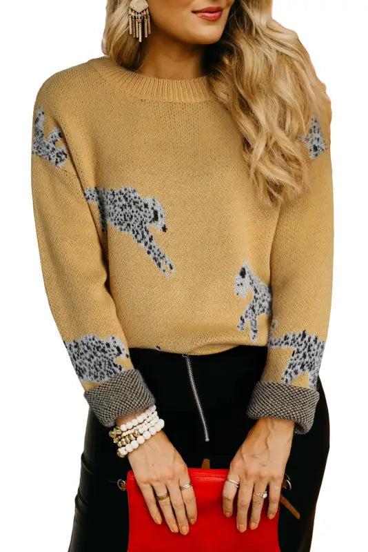 Camel fuzzy cheetah sweater - sweaters