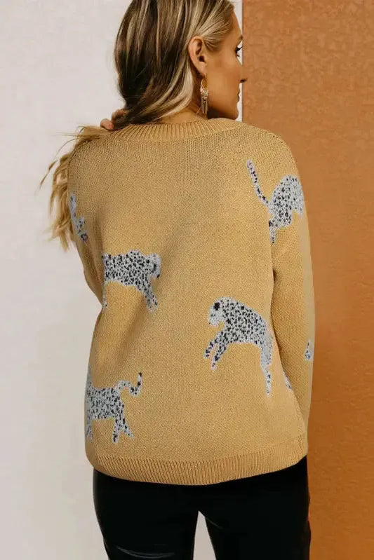 Camel Fuzzy Cheetah Sweater - Fashionfitz