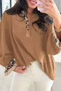 Camel Leopard Fusion Ruffle Sleeve Button Blouse Women UK — front view showing camel body with leopard contrast collar and ruffled sleeves — Fashionfitz