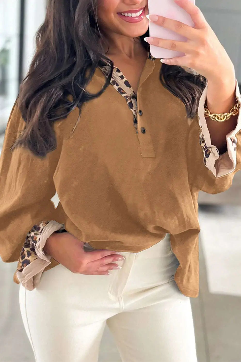 Women’s Camel Leopard Fusion Polo Blouse featuring button front and leopard trim, ideal for casual western-inspired autumn outfits.
