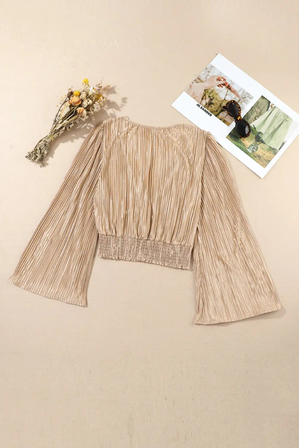 Camel pleated bell sleeve twist v neck cropped blouse - crop tops