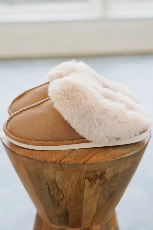 Camel plush suede winter home slippers