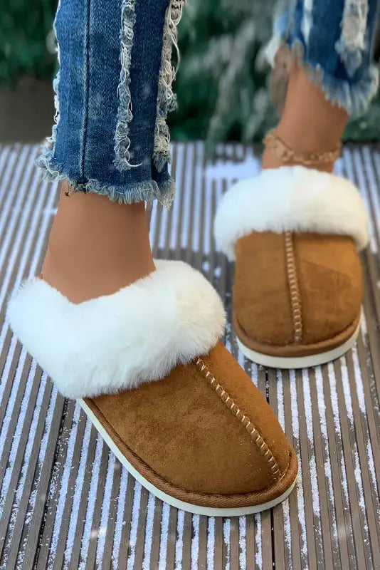 Camel plush suede winter home slippers