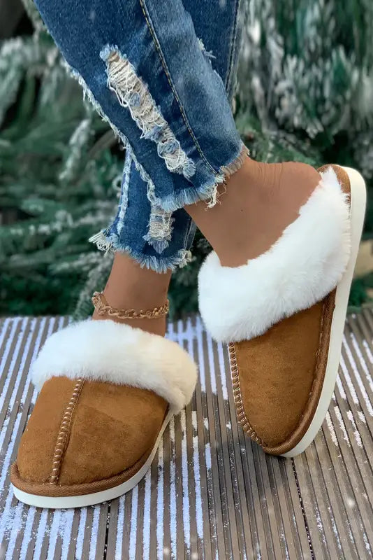 Camel plush suede winter home slippers