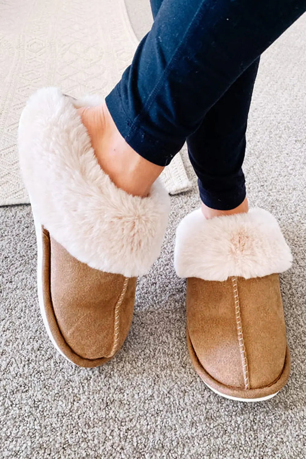 Camel plush suede winter home slippers - 37 100% polyester + 100% tpr