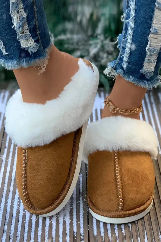 Camel plush suede winter home slippers