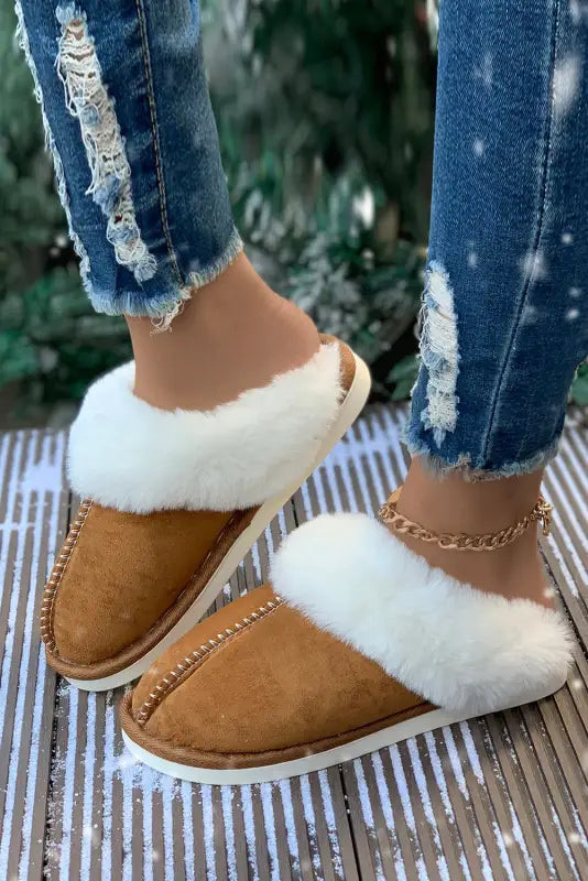 Camel plush suede winter home slippers