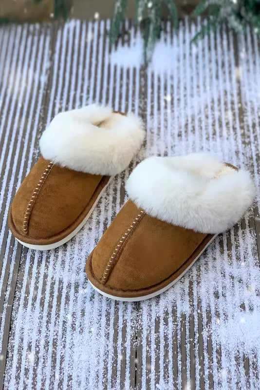 Camel plush suede winter home slippers