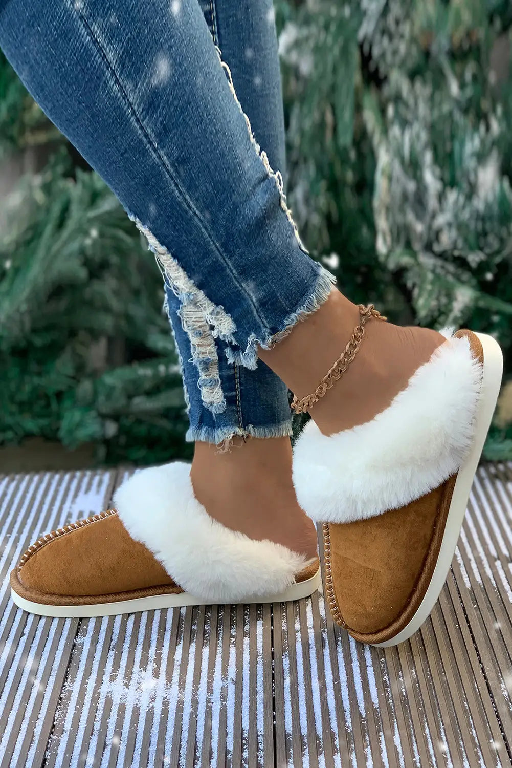 Camel plush suede winter home slippers