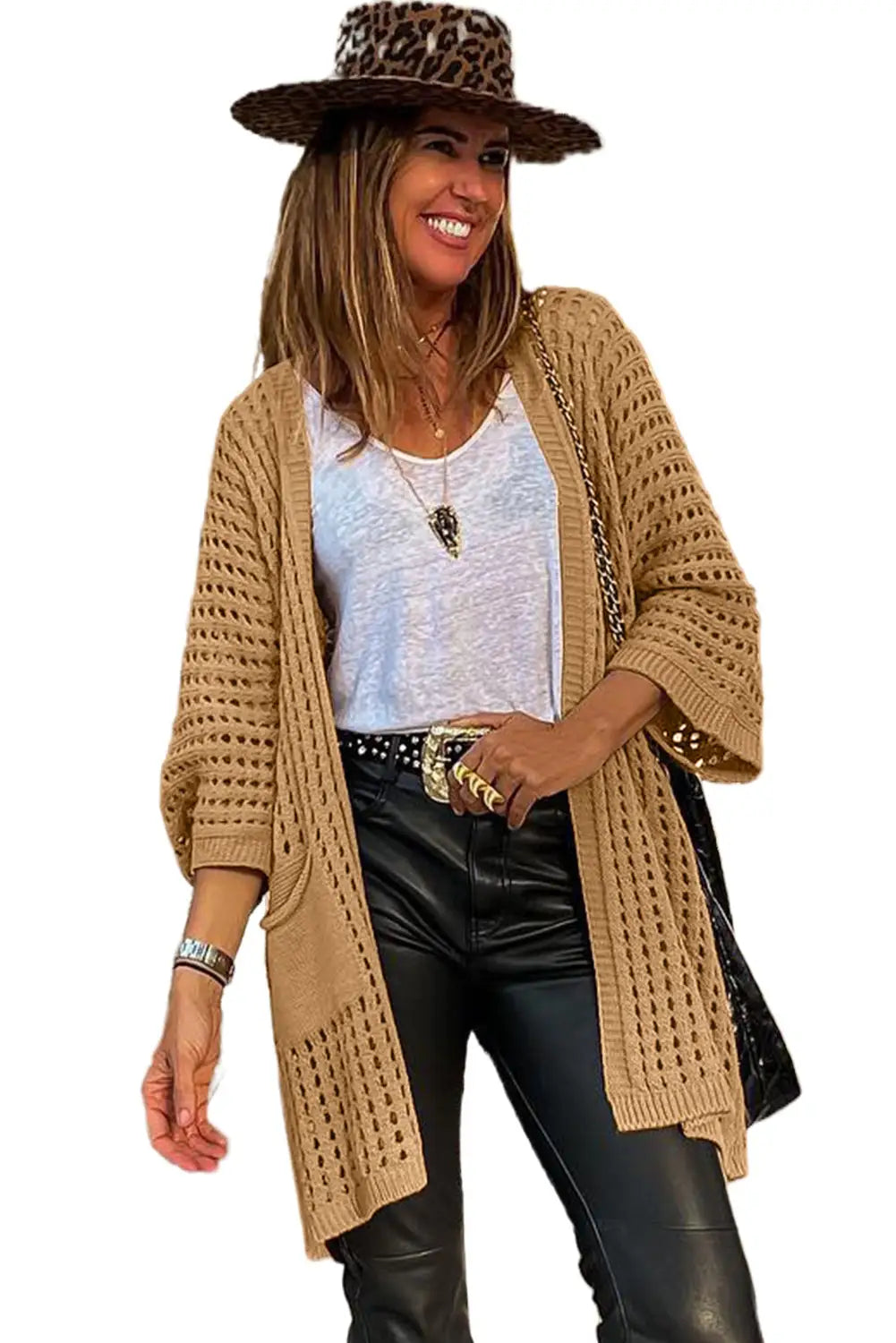 Camel pointelle knit pocket open front cardigan - sweaters & cardigans