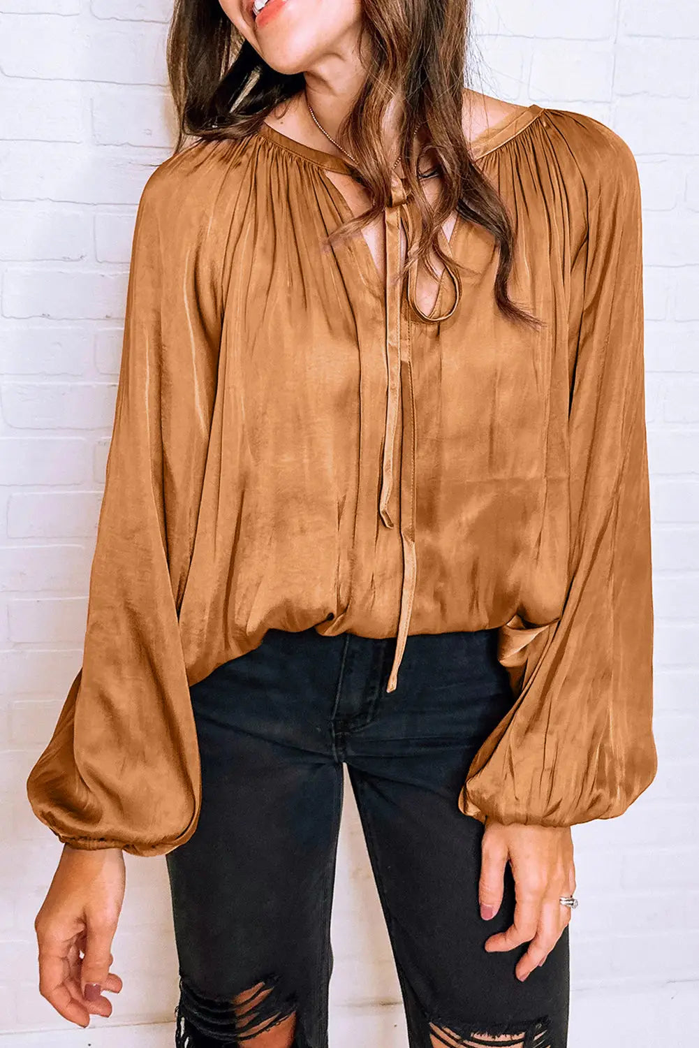 Camel satin pleated tied v neck puff sleeve blouse - l / 100% polyester - blouses & shirts