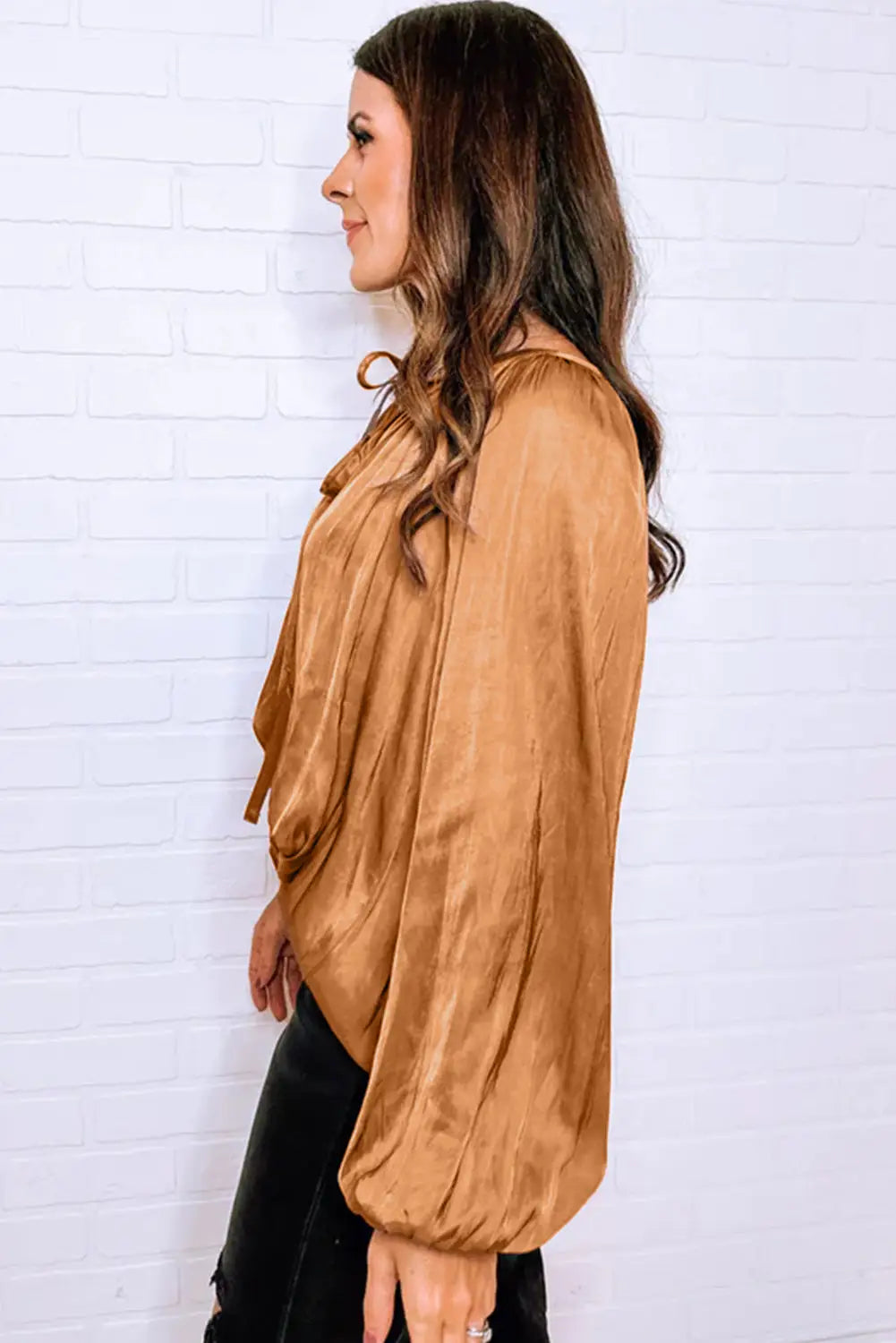 Camel satin pleated tied v neck puff sleeve blouse - blouses & shirts