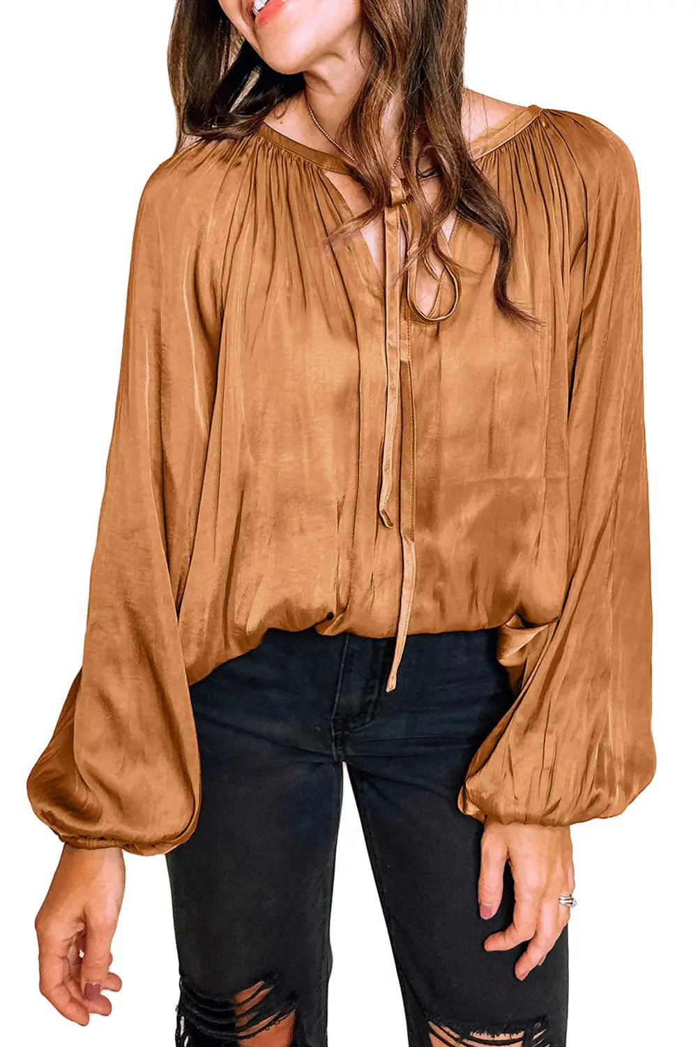 Camel satin pleated tied v neck puff sleeve blouse - blouses & shirts