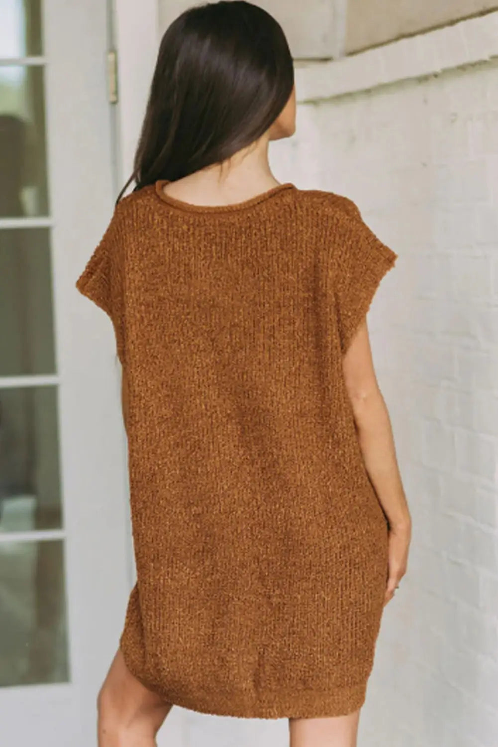 Camel short sleeve notched v neck sweater dress - dresses