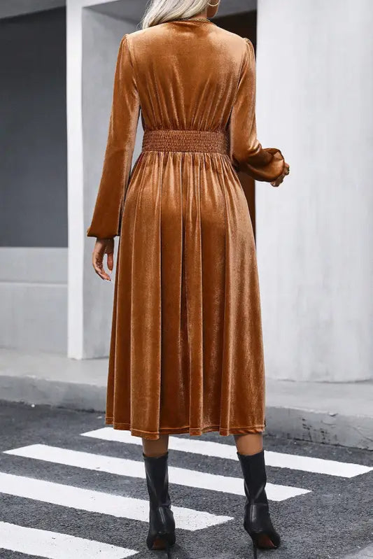 Camel wrap v neck smocked high waist velvet midi dress - dresses