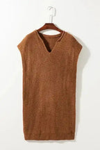 Flat lay of Camel Knit Dress - Short Sleeve V-Neck Shift Fit on hanger. Minimalist solid color design perfect for fall fashion.
