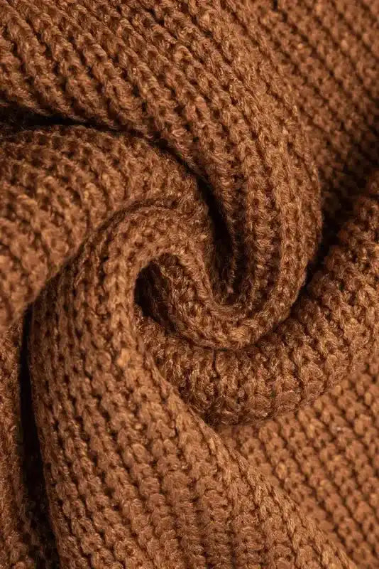 Fabric texture of Camel Knit Dress - Short Sleeve V-Neck Shift Fit. Cozy, breathable knit perfect for fall and autumn layering.