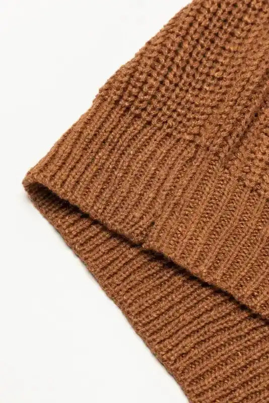 Hem detail of Camel Knit Dress - Short Sleeve V-Neck Shift Fit. Ribbed finish adds structure to the casual silhouette.