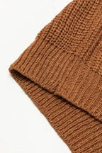 Hem detail of Camel Knit Dress - Short Sleeve V-Neck Shift Fit. Ribbed finish adds structure to the casual silhouette.