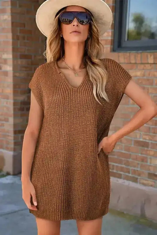 Camel Knit Dress - Short Sleeve V-Neck Shift Fit styled with hat and sunglasses. Casual fall outfit ideal for layering or solo wear.