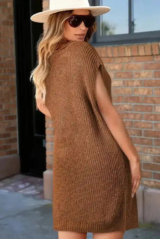 Back view of Camel Knit Dress - Short Sleeve V-Neck Shift Fit showing relaxed H-line silhouette and textured knit fabric.