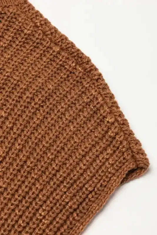 Side seam detail of Camel Knit Dress - Short Sleeve V-Neck Shift Fit. Durable knit construction for lasting wear.