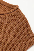 Detailed view of sleeve on Camel Knit Dress - Short Sleeve V-Neck Shift Fit. Soft, stretchable knit ideal for daily wear.