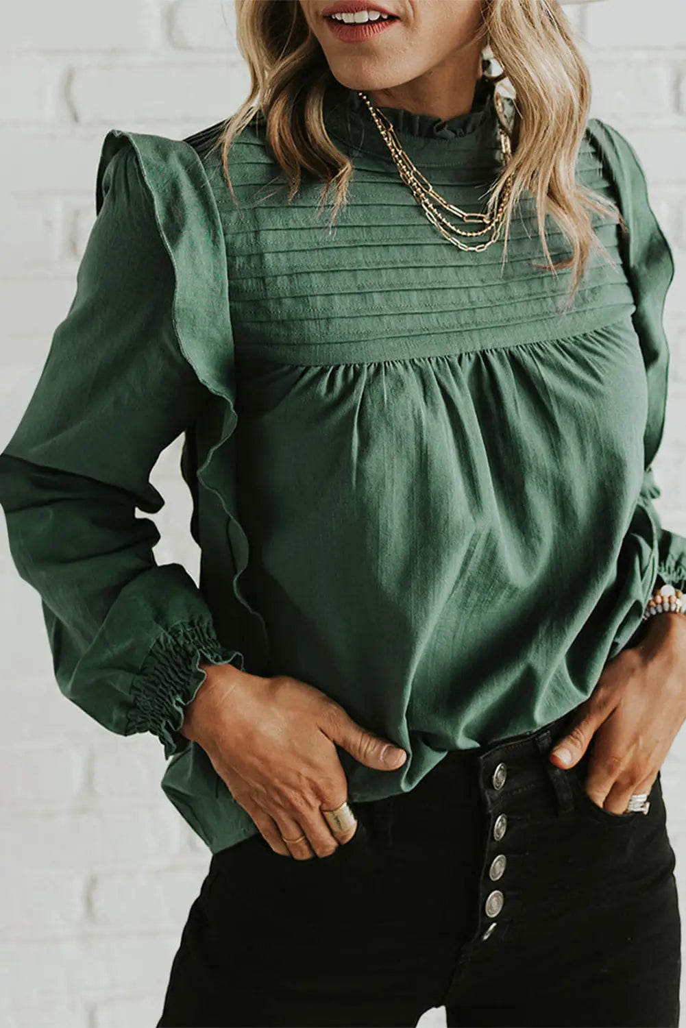 Camel solid color stand neck ruffled puff sleeve blouse - green / l / 50% viscose + 28% polyester + 22% polyamide