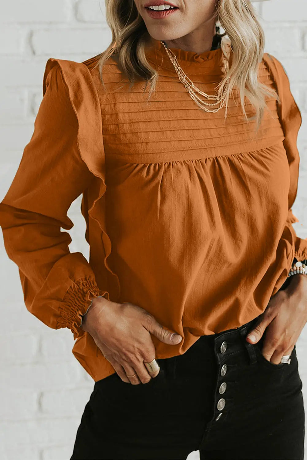 Camel solid color stand neck ruffled puff sleeve blouse - l / 50% viscose + 28% polyester + 22% polyamide - blouses &
