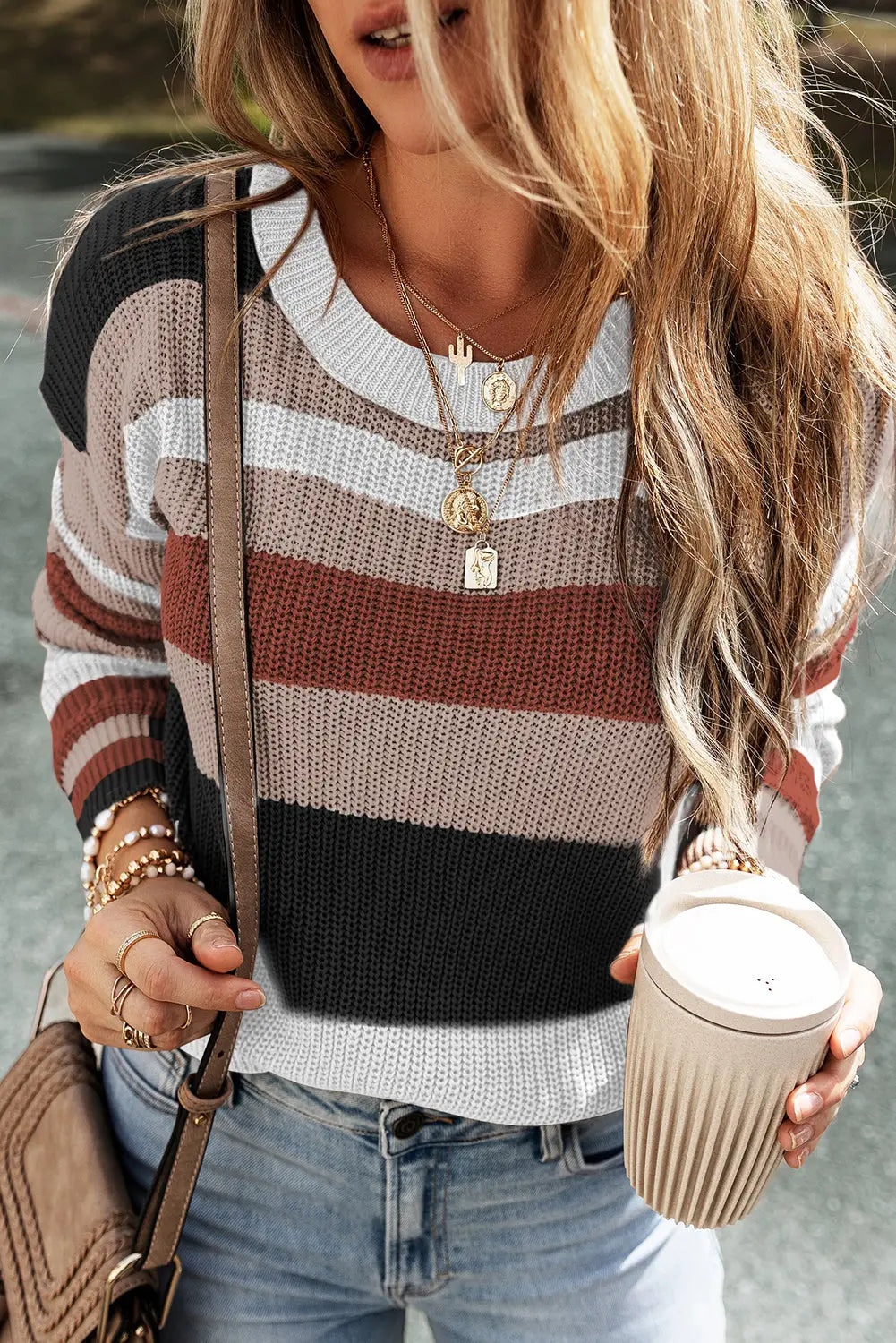 Camel striped knit crew neck t shirt sweater - simply taupe / s / 100% cotton - tops