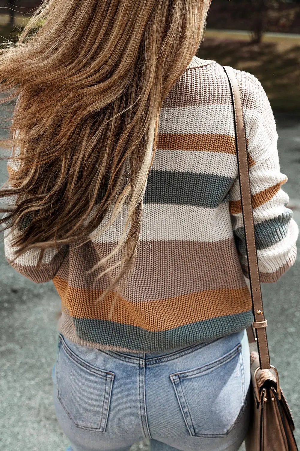 Camel striped knit crew neck t shirt sweater - tops
