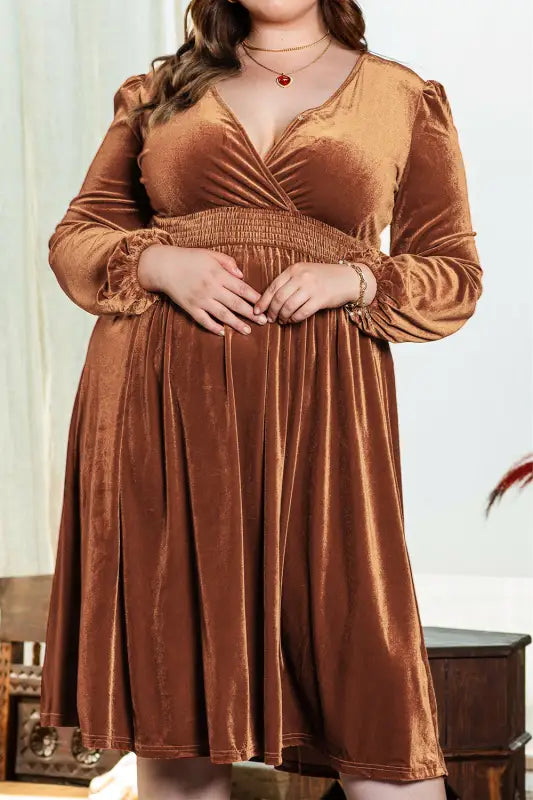 Camel surplice v neck balloon sleeve velvet dress - plus size