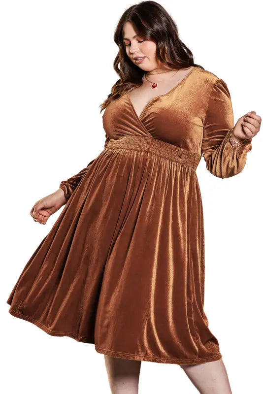 Camel surplice v neck balloon sleeve velvet dress - plus size